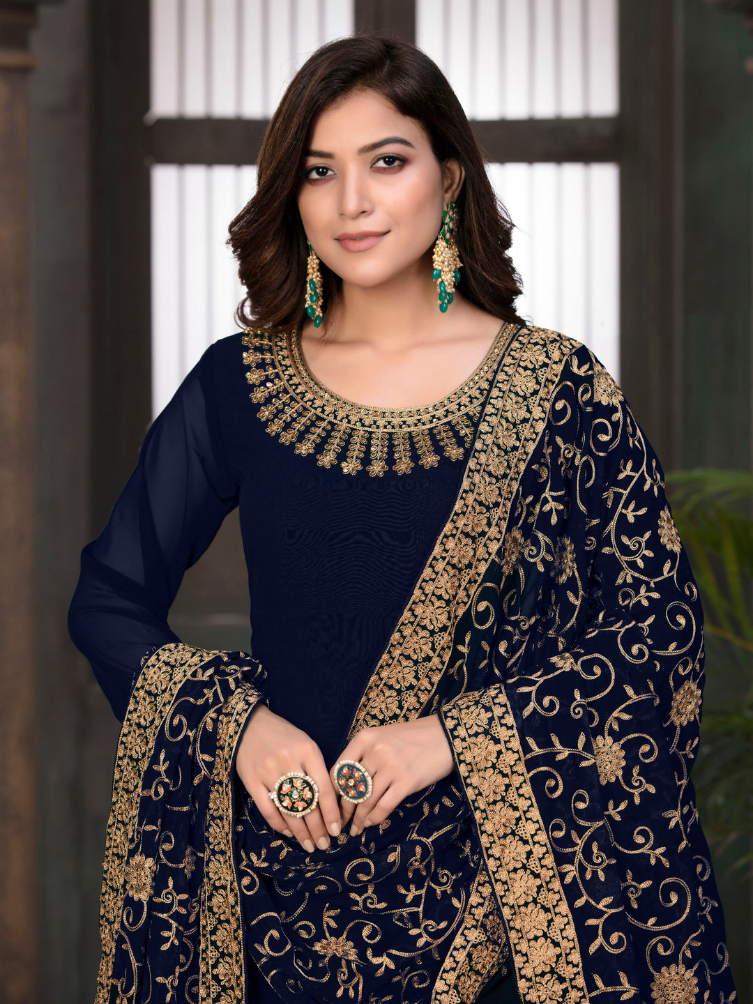 Beautifully crafted blue party wear salwar kameez set, ideal for weddings and gatherings with luxurious fabric.