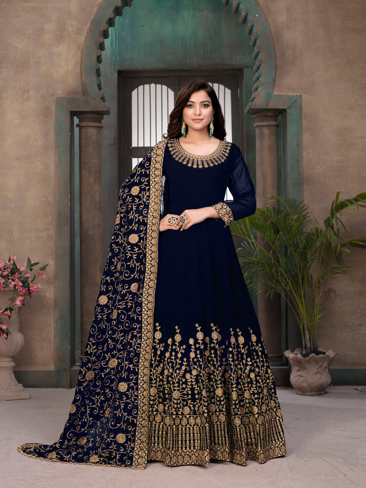 Striking blue party wear salwar kameez set, perfect for celebrations, featuring elegant design and intricate embroidery.