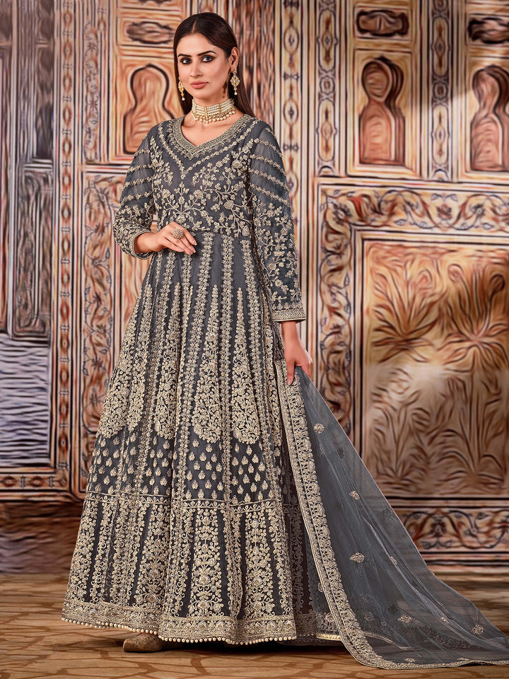 Sophisticated dark grey salwar kameez set, perfect for timeless ethnic wear, featuring exquisite detailing and design.