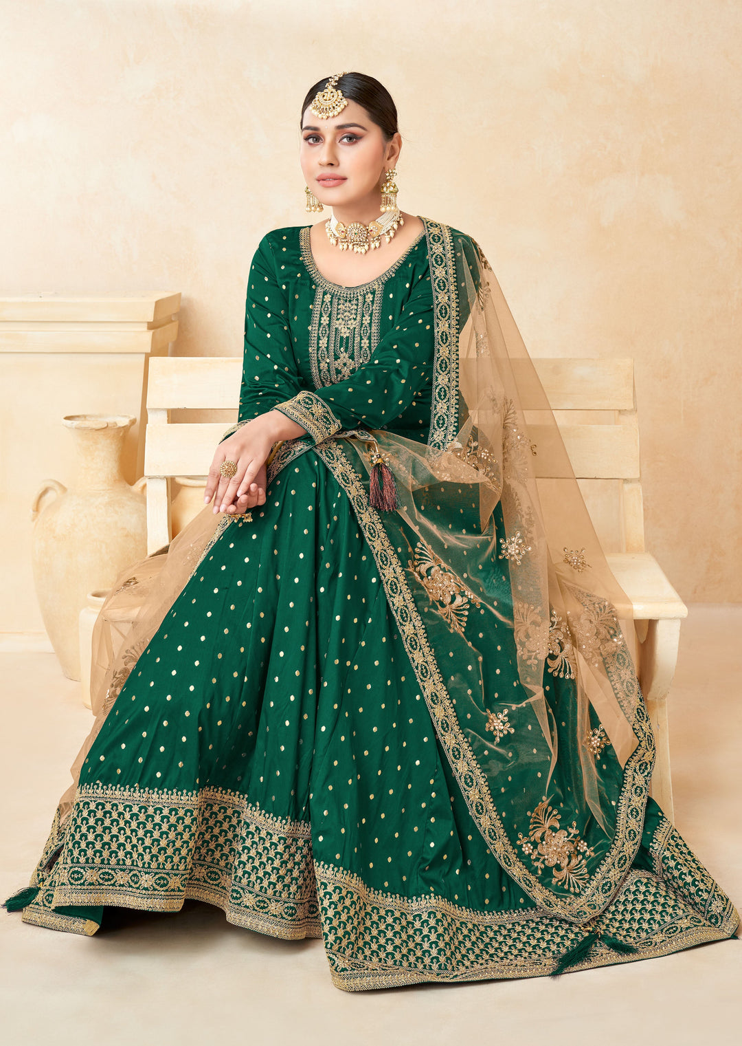 Stylish green salwar kameez featuring a unique fabric combo, perfect for enhancing your festive wardrobe.