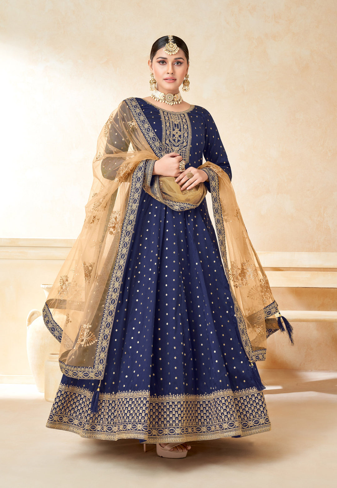 Radiate confidence in navy blue salwar kameez featuring chic heavy embroidery, perfect for special events.