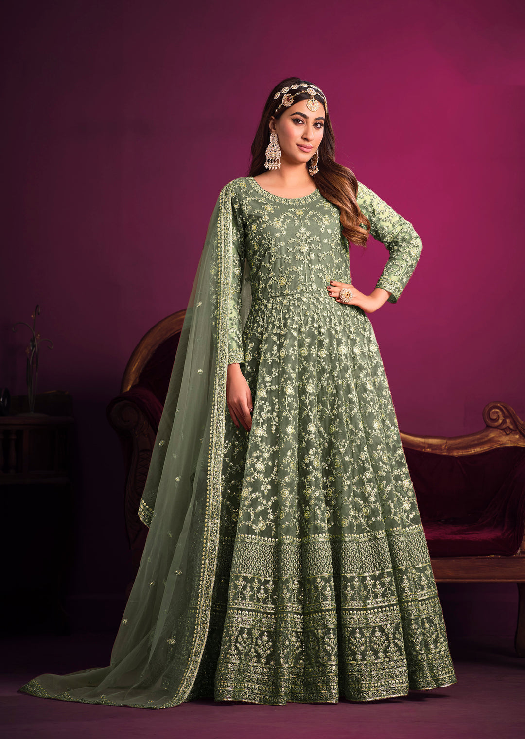 Beautifully crafted khakhi green salwar kameez showcasing exquisite detailing for weddings and celebrations.