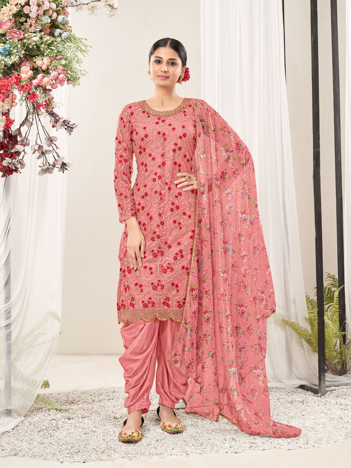 Chic pink net salwar kameez designed for modern women, perfect for festive occasions and cultural gatherings in the USA.