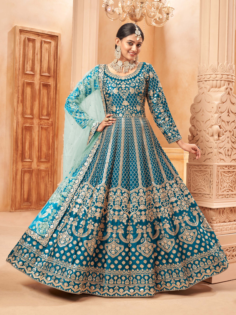 Chic teal blue salwar kameez designed for modern women, perfect for celebrations and cultural gatherings in the USA.