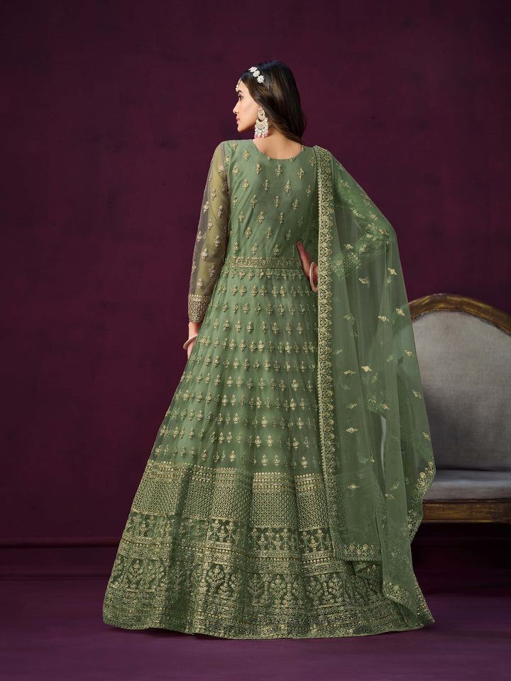 Chic mehendi net salwar kameez with intricate embroidery and zari work, ideal for festive occasions.