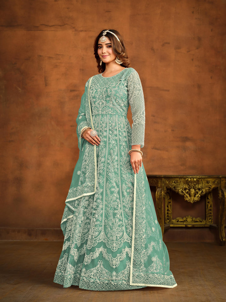 Elegant sea green salwar kameez designed for festive occasions and cultural gatherings.