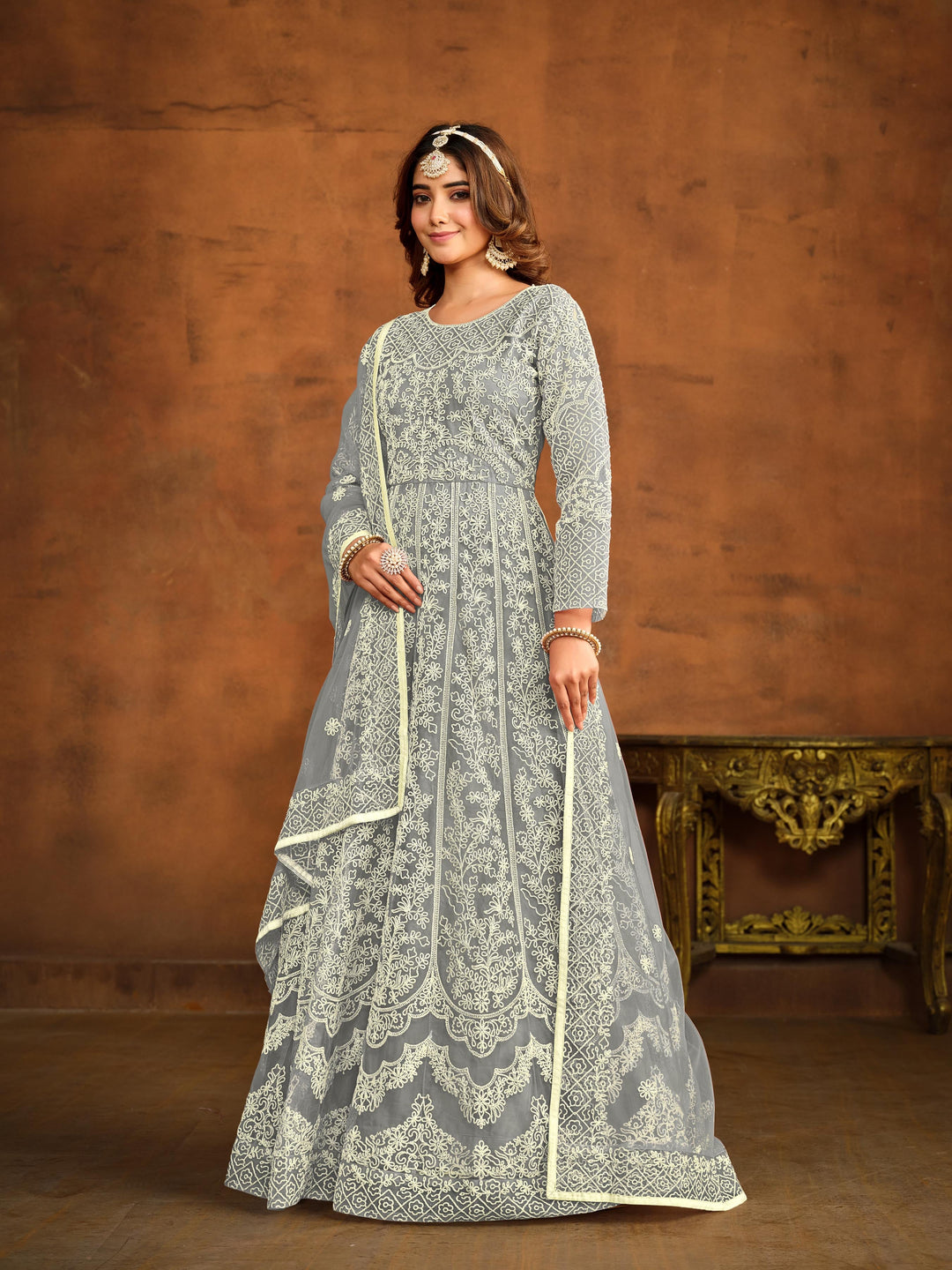 Grey embroidered salwar kameez, net fabric with intricate threadwork, stylish USA fashion.