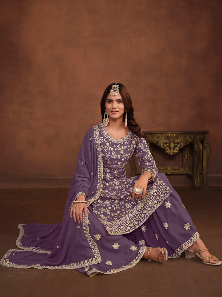 Purple faux georgette salwar kameez, intricate thread embroidery with sequins work, stylish for USA fashion.