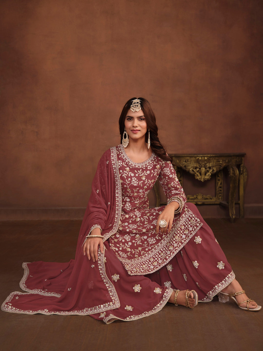 Brick faux georgette salwar kameez, intricate thread embroidery with sequins work, stylish for USA events.