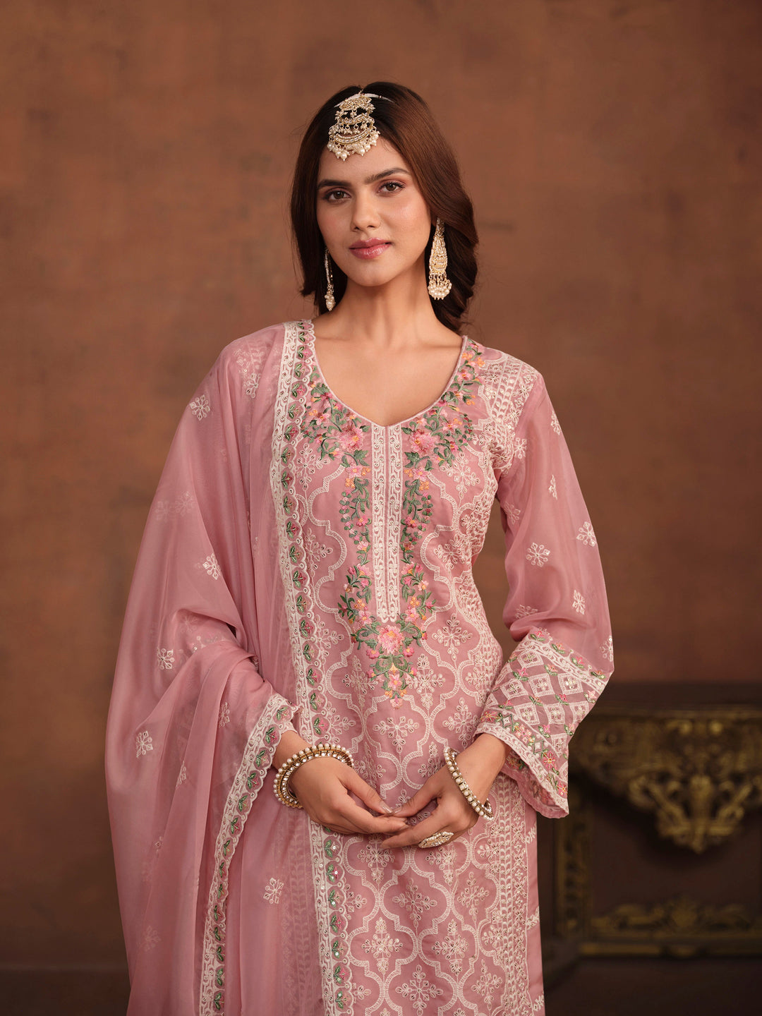 Designer baby pink salwar kameez in soft organza, heavy embroidery with sequins for USA customers.