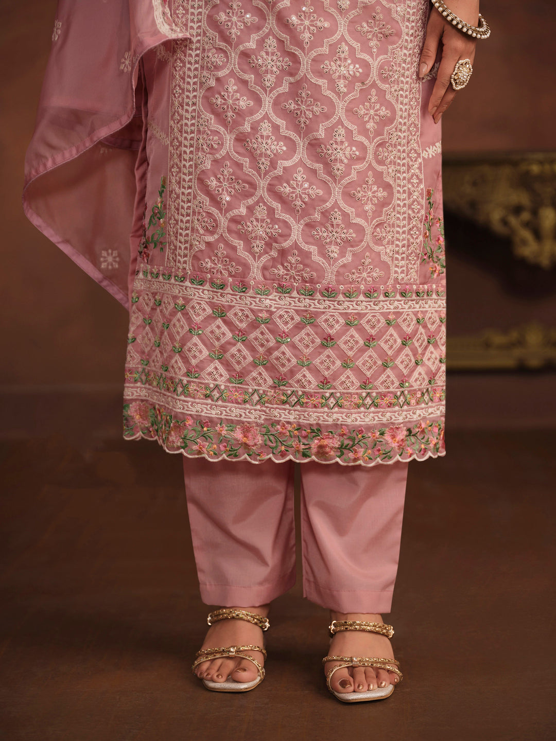 Traditional baby pink organza salwar kameez, detailed embroidery and sequins for USA occasions.