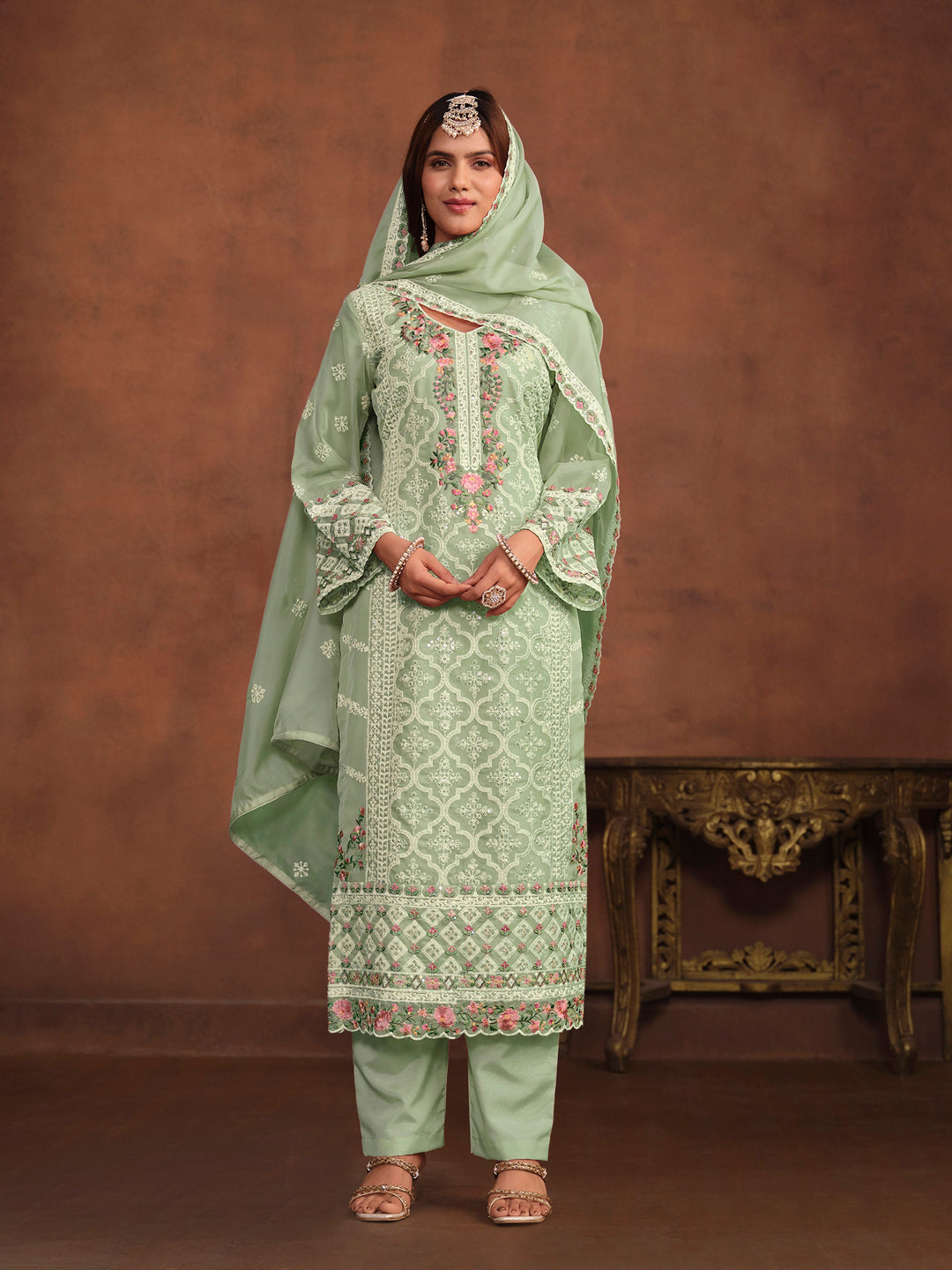 Pista green soft organza salwar kameez with intricate thread embroidery and sequins work, perfect for USA events.