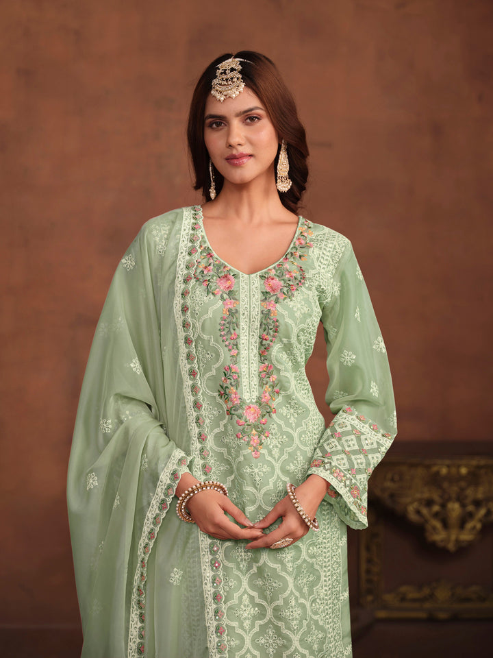 Designer pista green salwar kameez in soft organza, featuring heavy embroidery with sequins for USA customers.