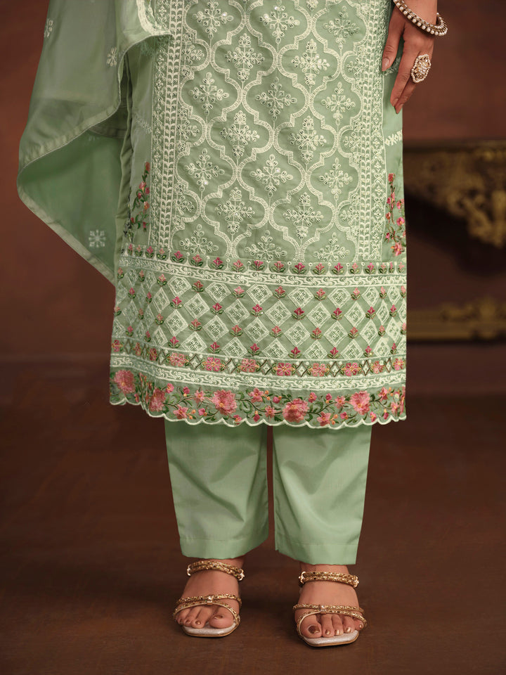 Traditional pista green organza salwar kameez, detailed embroidery with sequins, stylish choice for USA occasions.