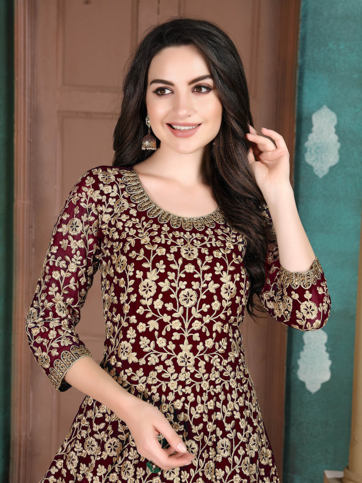 Chic maroon Anarkali suit showcasing intricate embroidery, designed for modern women celebrating special events in the USA.