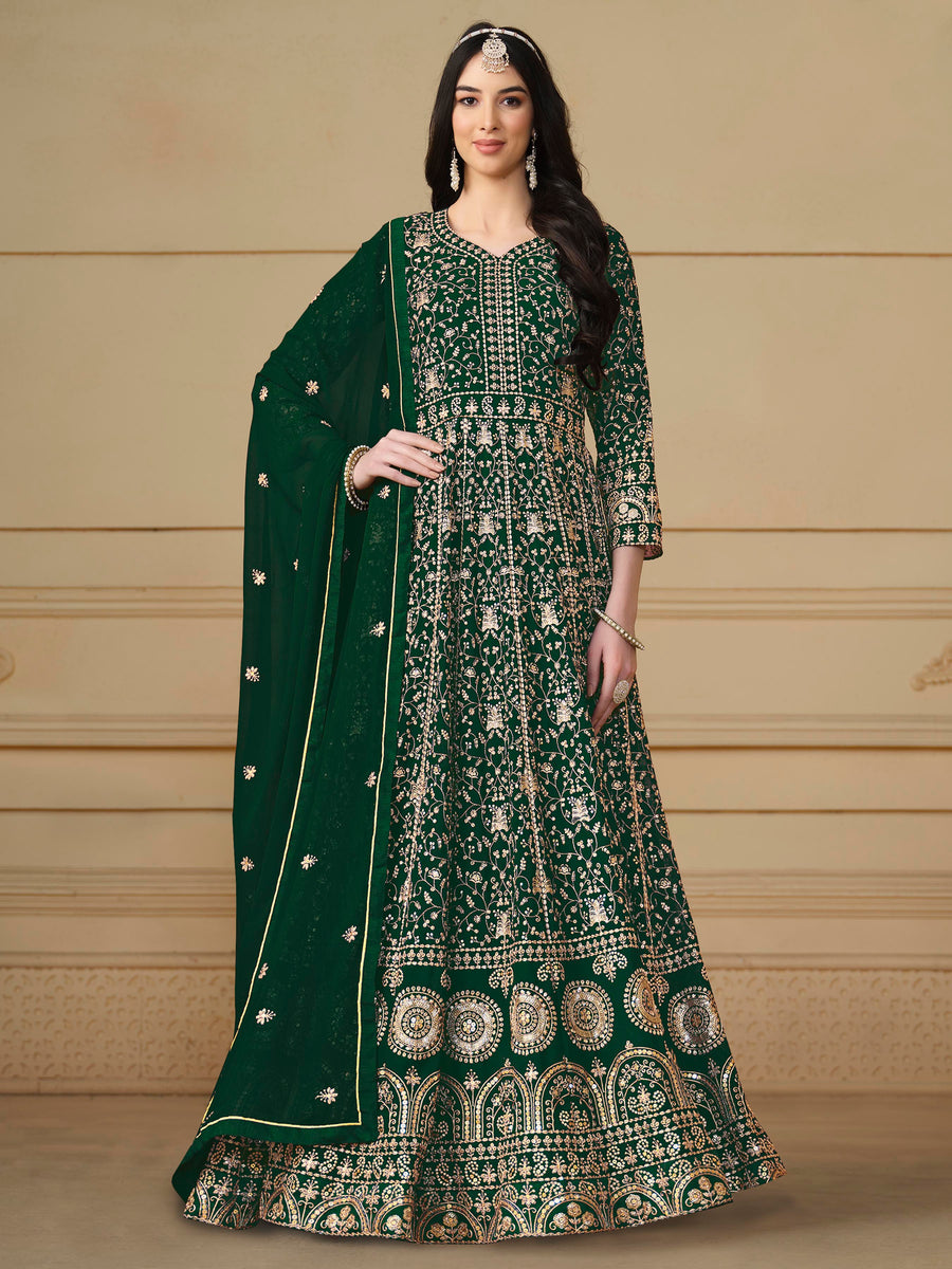 Elegant dark green faux georgette salwar kameez featuring heavy thread embroidery and sequins, perfect for special occasions.