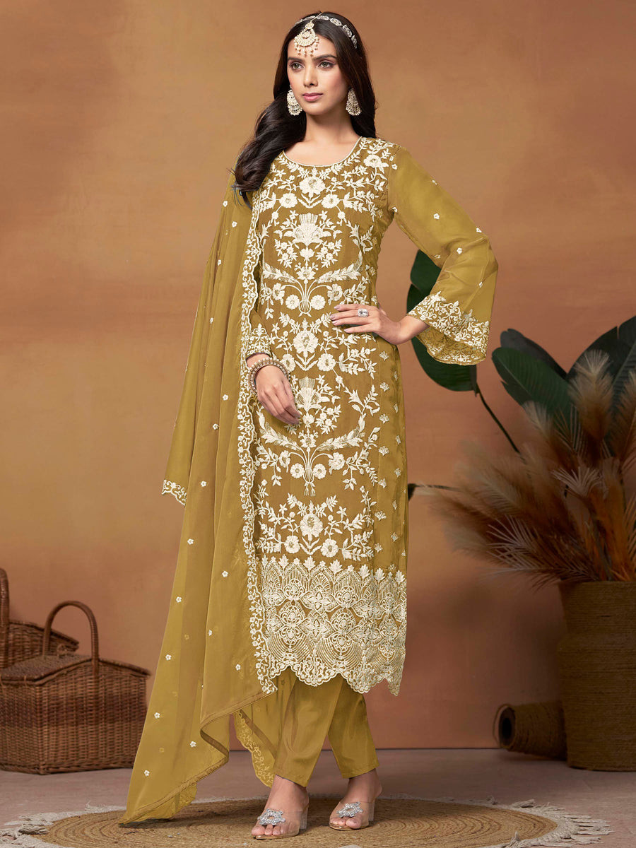 Elegant mustard soft organza salwar kameez featuring heavy thread embroidery and sequins, perfect for special occasions.