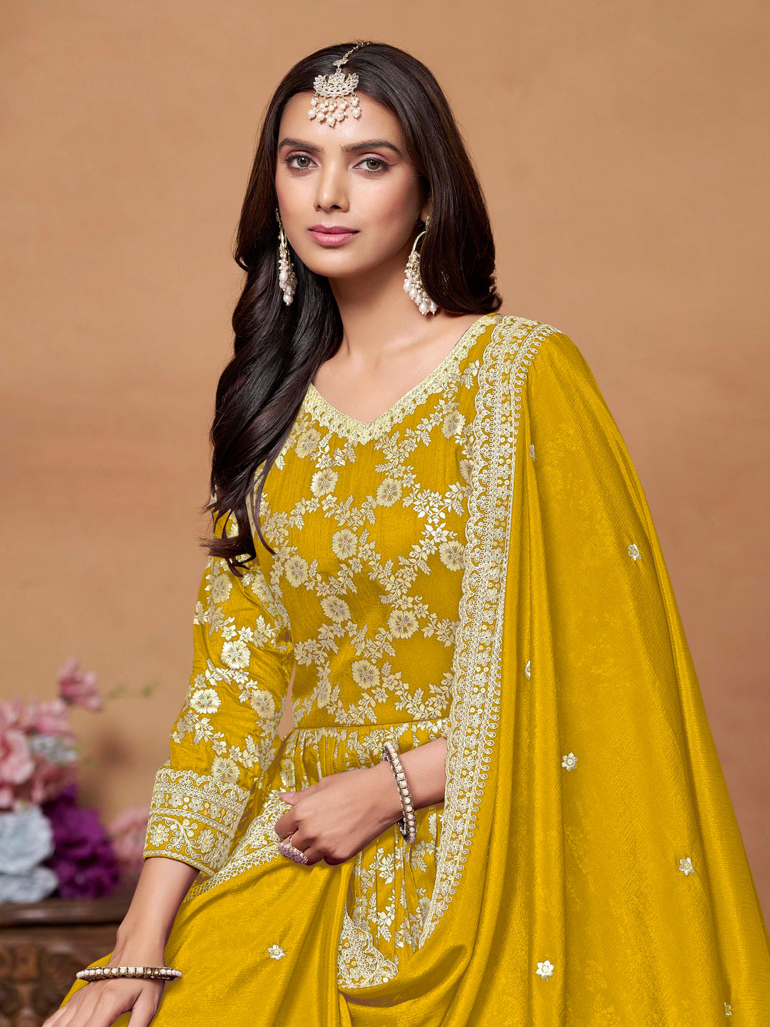 Stunning mustard salwar kameez in dola jacquard with intricate woven thread embroidery for special events.