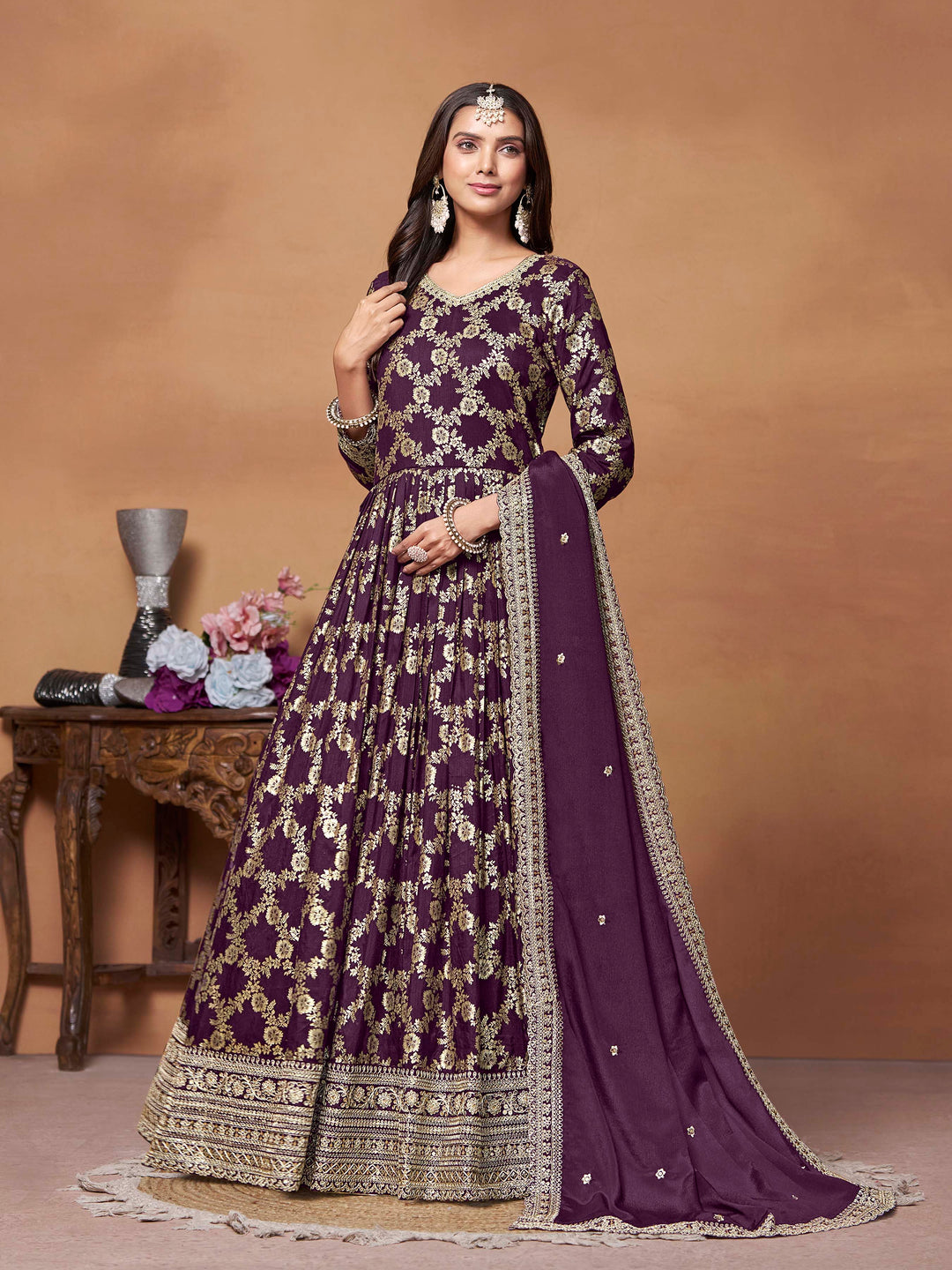 Elegant purple dola jacquard salwar kameez featuring intricate thread embroidery, perfect for festive occasions.