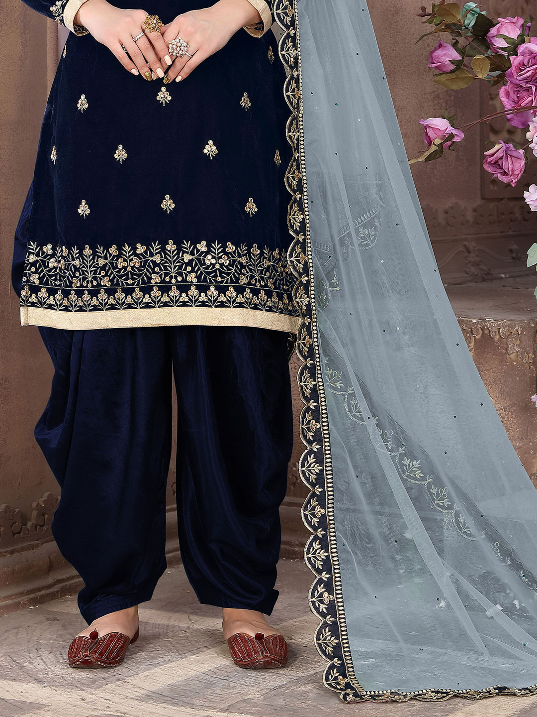 Elegant navy blue velvet salwar kameez set, USA women's ethnic fashion, timeless style.