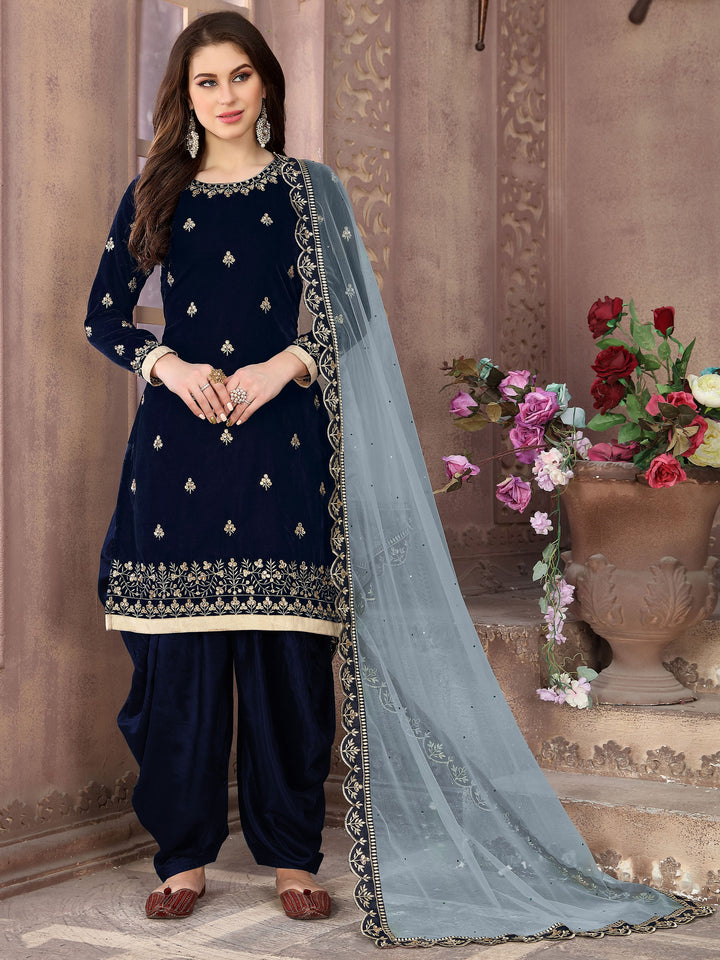 Classic navy blue velvet salwar kameez, timeless ethnic wear for USA women.