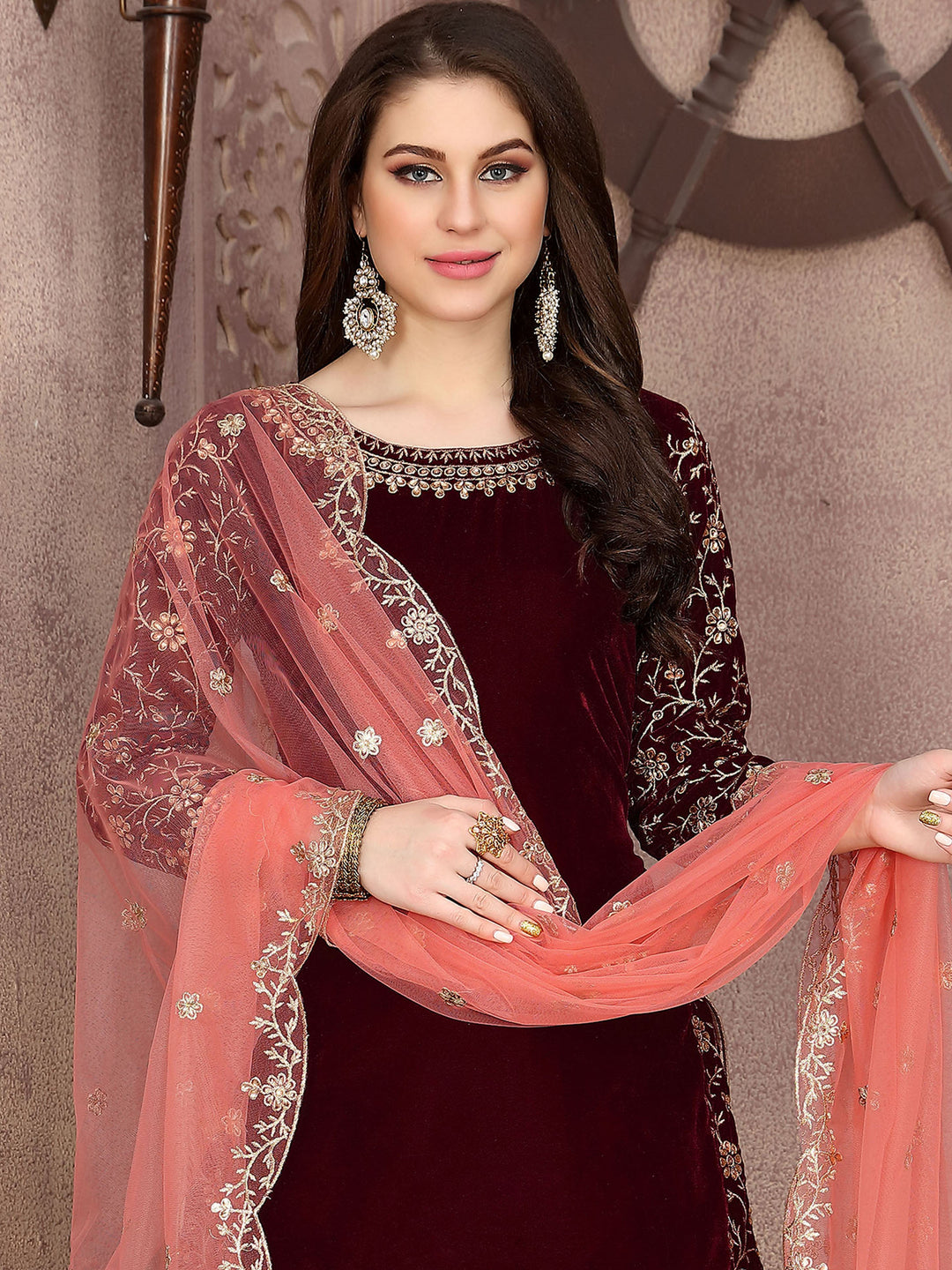 Maroon velvet salwar kameez, USA party wear, luxurious ethnic style for special occasions.