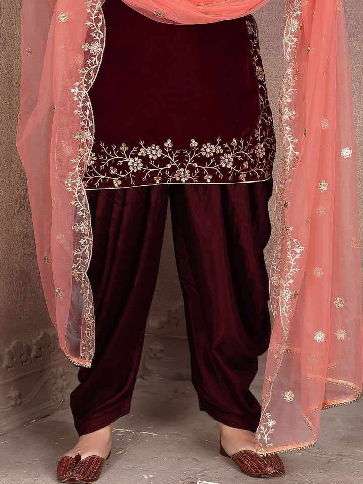 Opulent maroon velvet salwar kameez, USA women's wear, perfect for festive events.