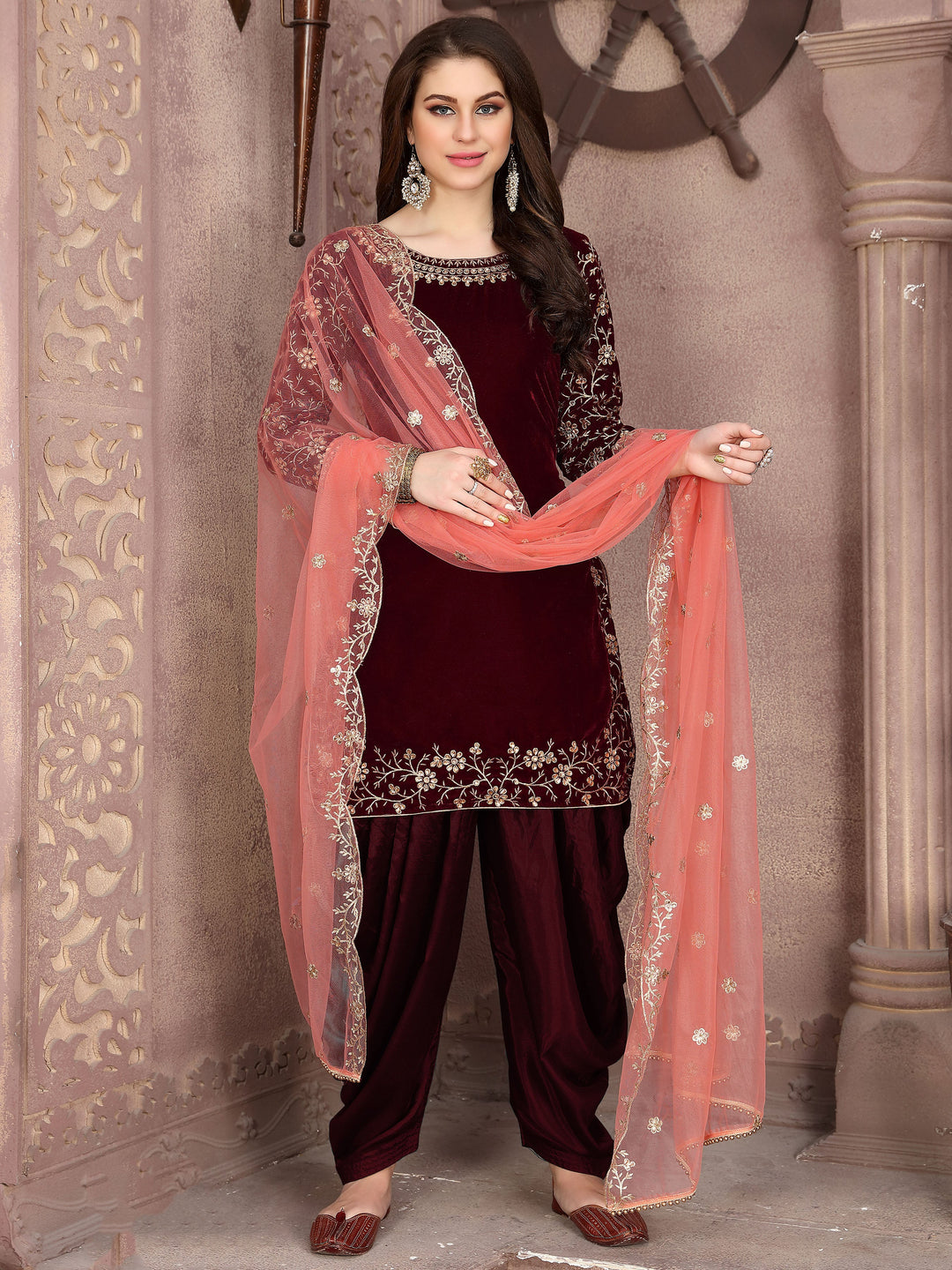 Rich maroon velvet salwar kameez, opulent ethnic wear for USA women, perfect for festivities.