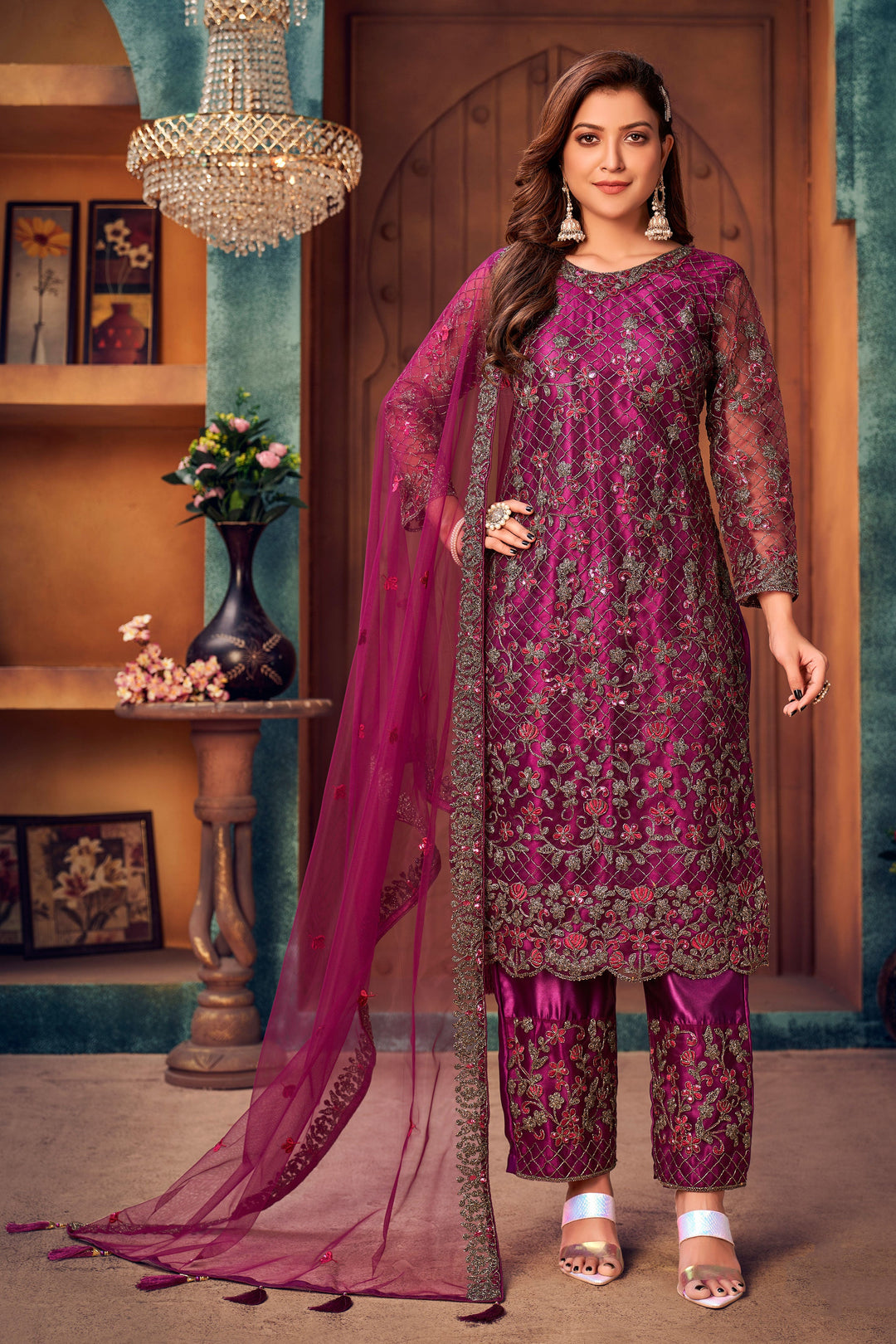 Magenta salwar kameez, glamorous ethnic wear for USA women, ideal for festive gatherings.