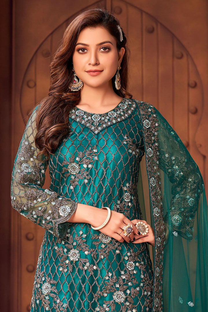 Elegant teal green salwar kameez set, intricate design, USA women’s ethnic fashion.