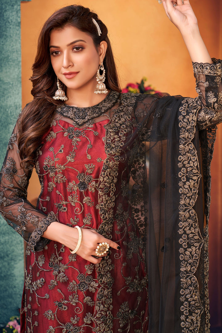 Bold red and black salwar kameez, USA women's ethnic wear, stylish choice for parties.