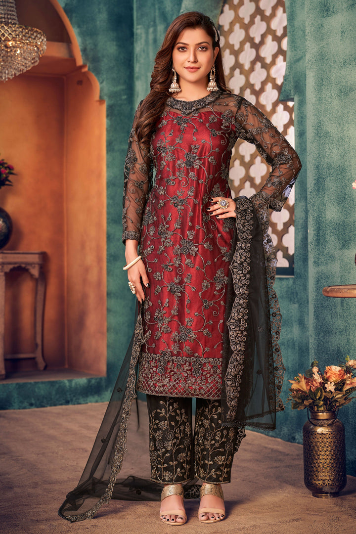 Bold red and black salwar kameez, striking ethnic wear for USA women, perfect for festive events and celebrations.