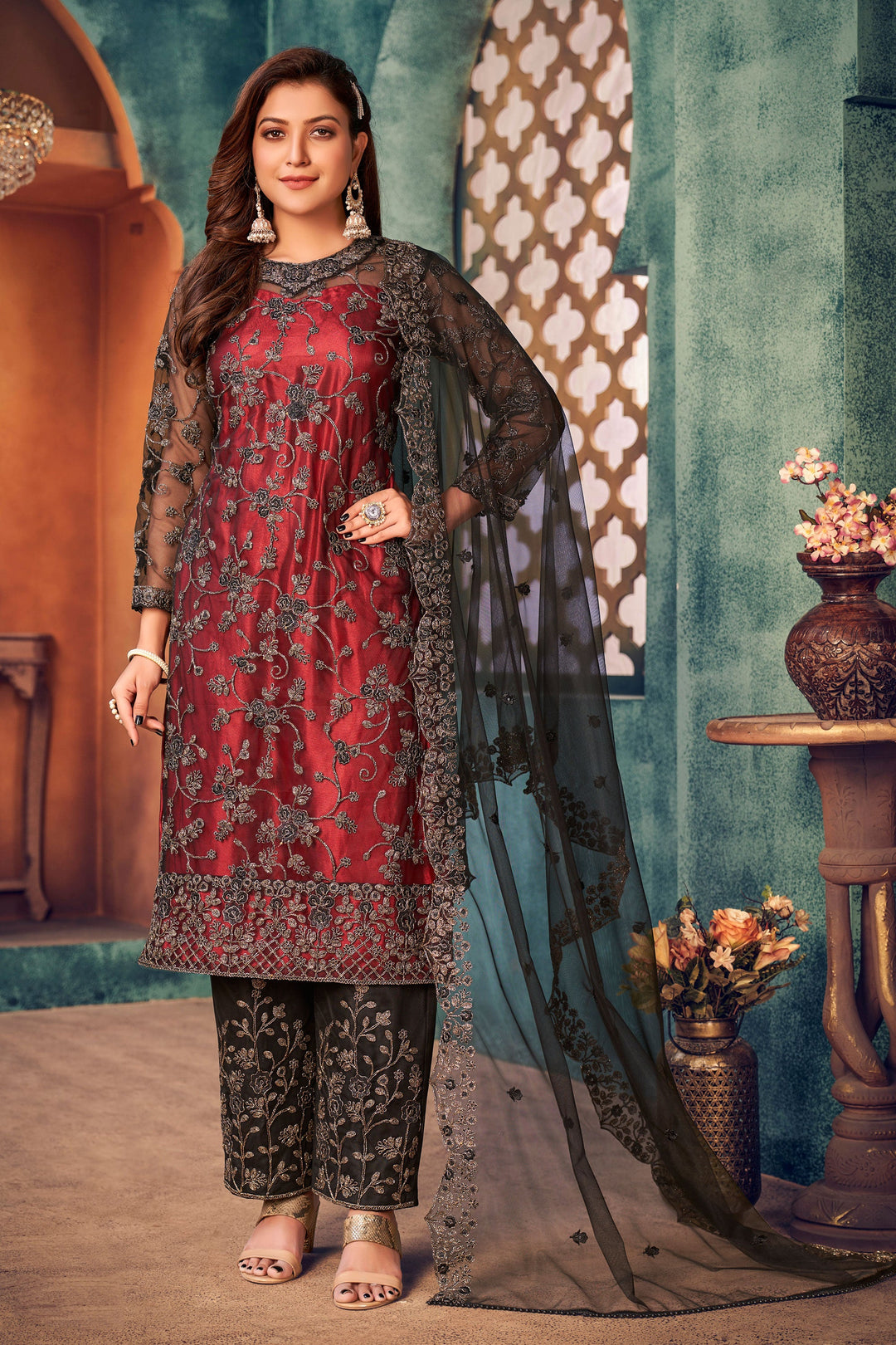 Red and black salwar kameez set for women, bold ethnic attire for special occasions in USA.