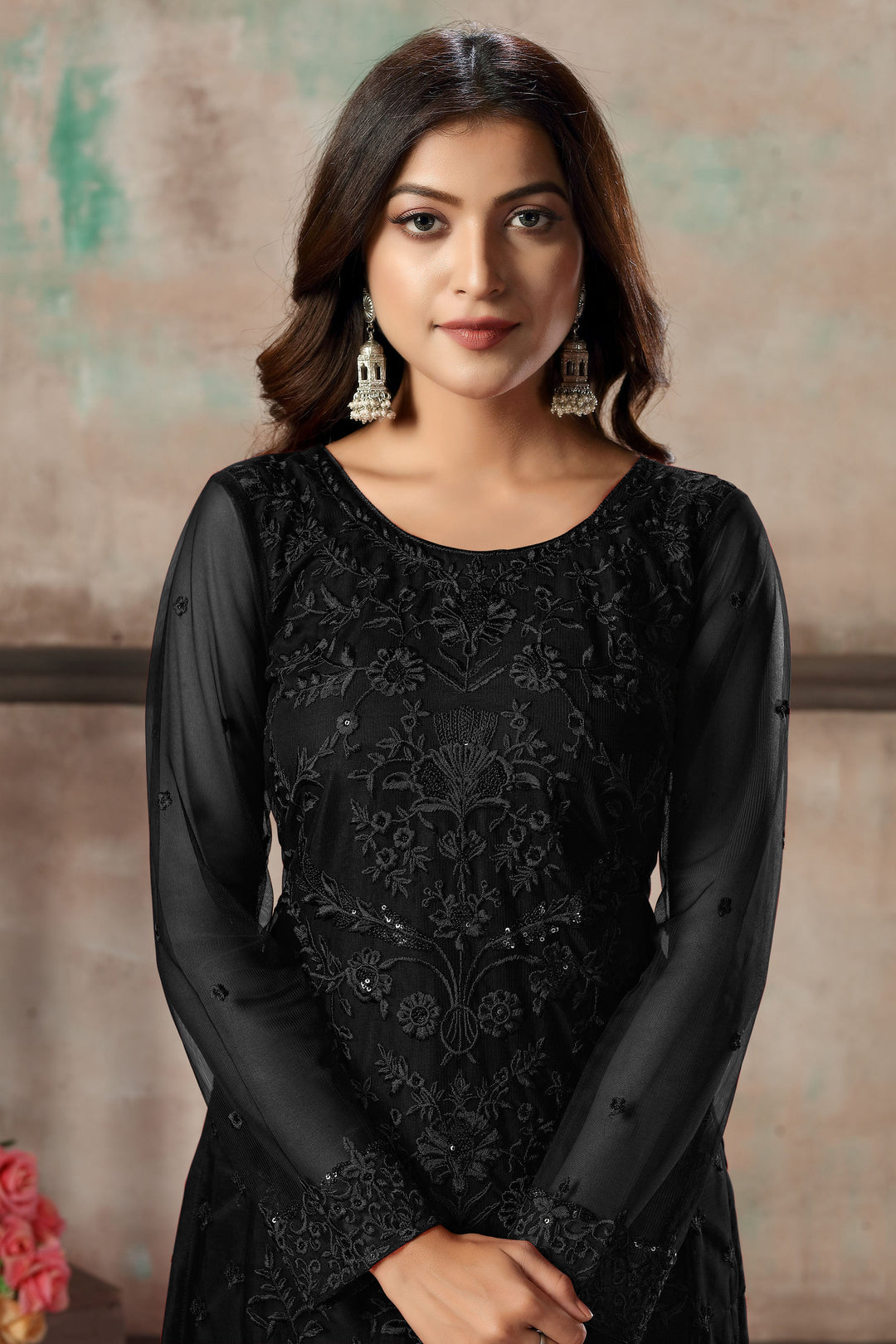 Black designer salwar kameez set for women, perfect for evening wear.