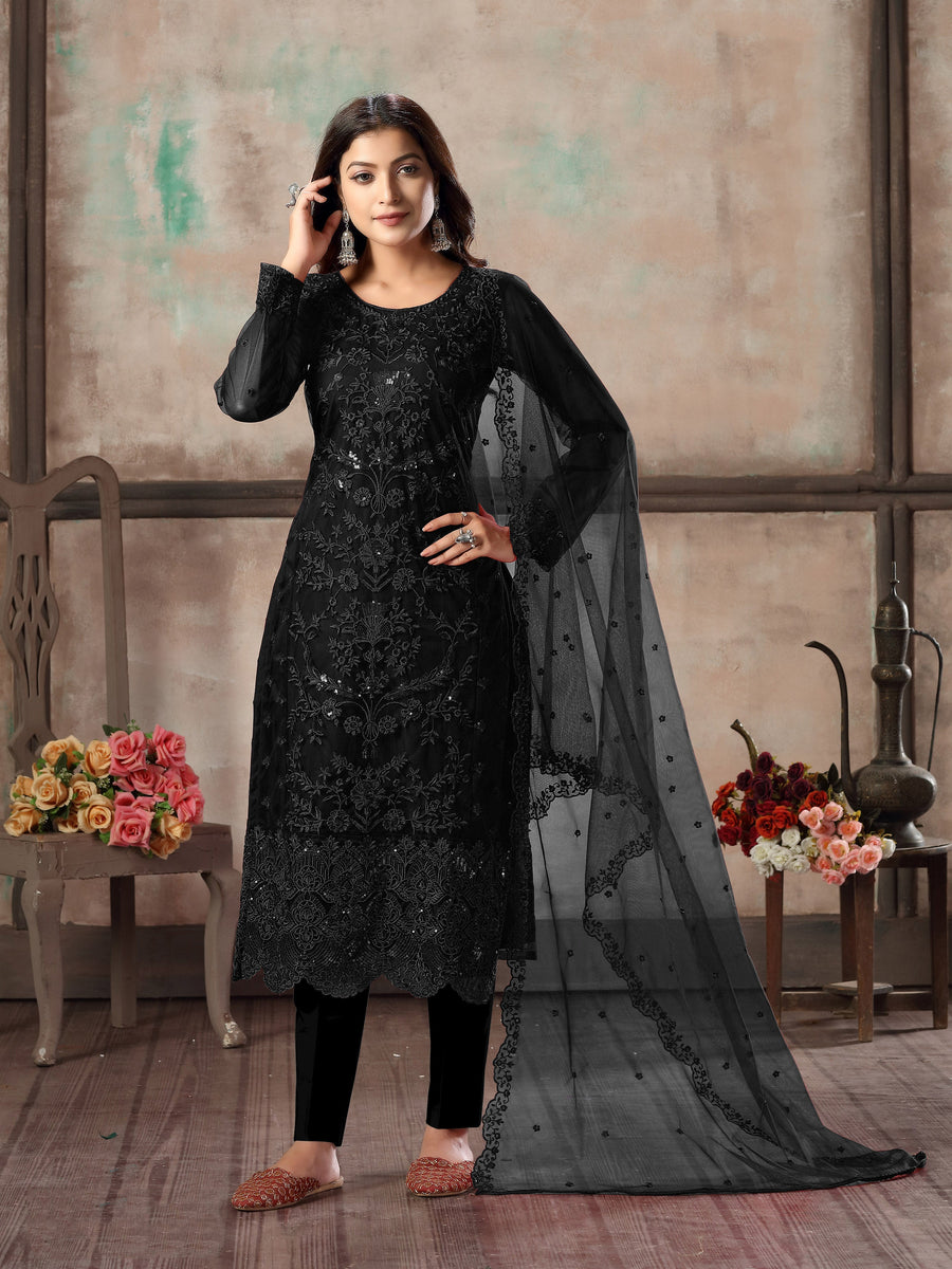 Elegant black salwar kameez set for women, ideal for formal ethnic occasions.