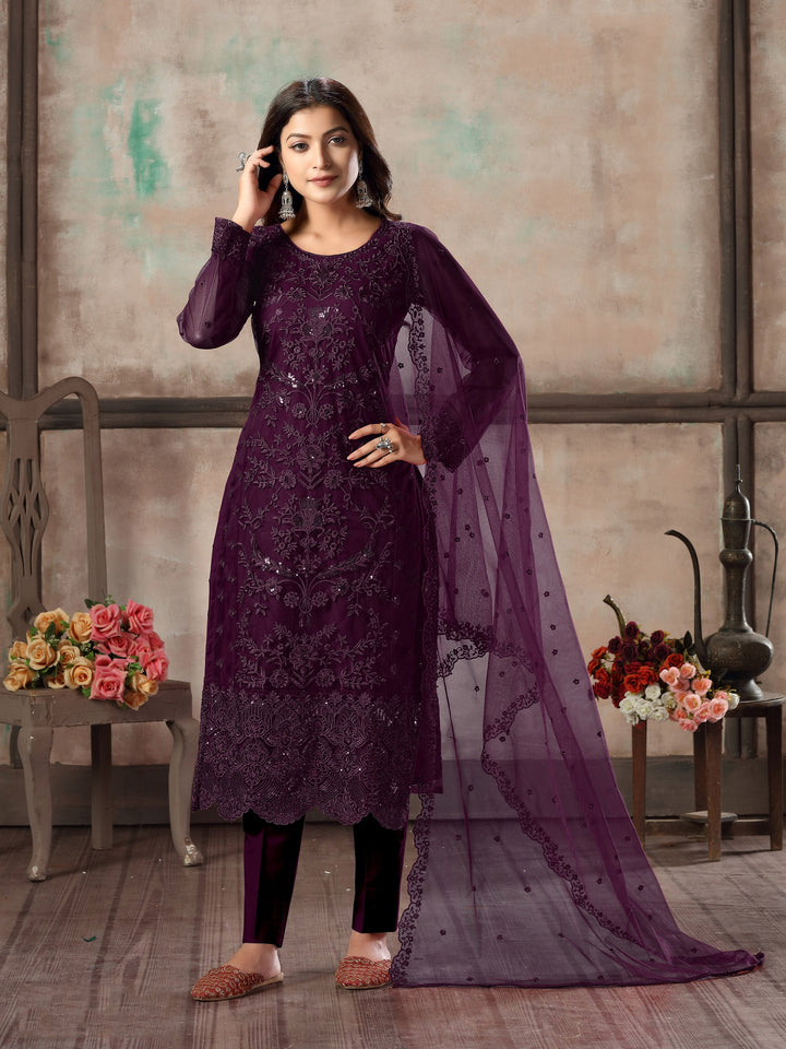 Regal purple salwar kameez set for women, perfect for formal traditional events.