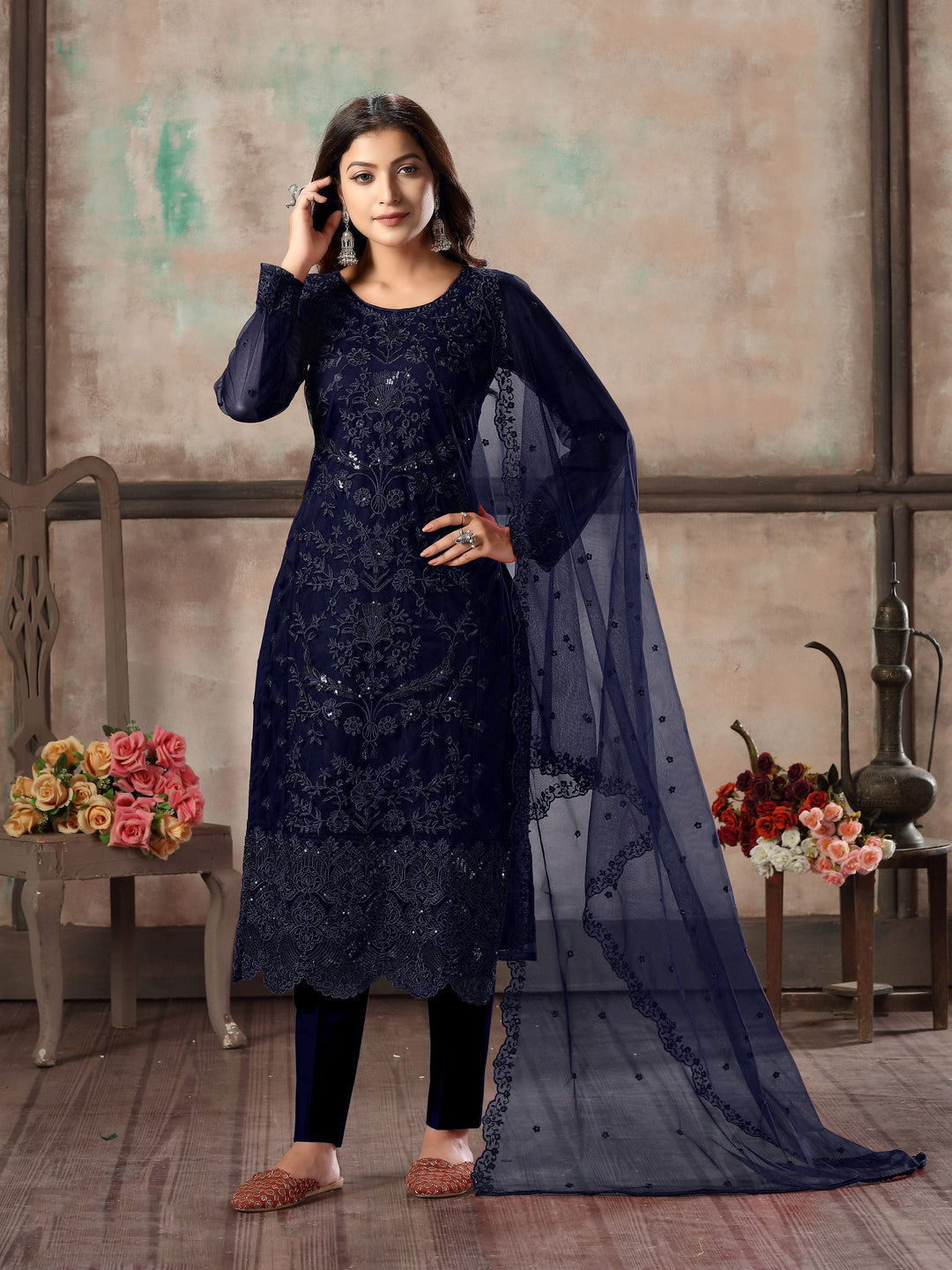 Timeless navy blue salwar kameez set for women, a sophisticated ethnic wear piece.