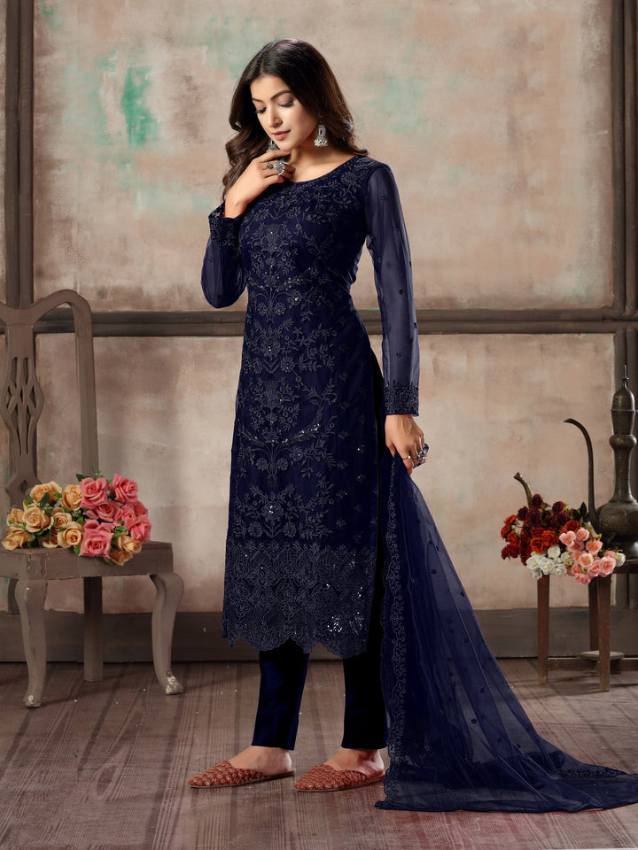 Navy blue salwar kameez set for women, perfect for traditional occasions.