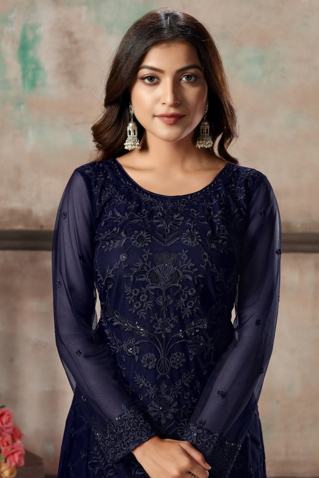 Women's navy blue salwar kameez set with elegant design for formal events.