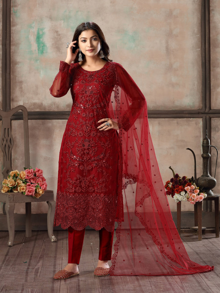 Charming red salwar kameez set for women, perfect for festive celebrations.