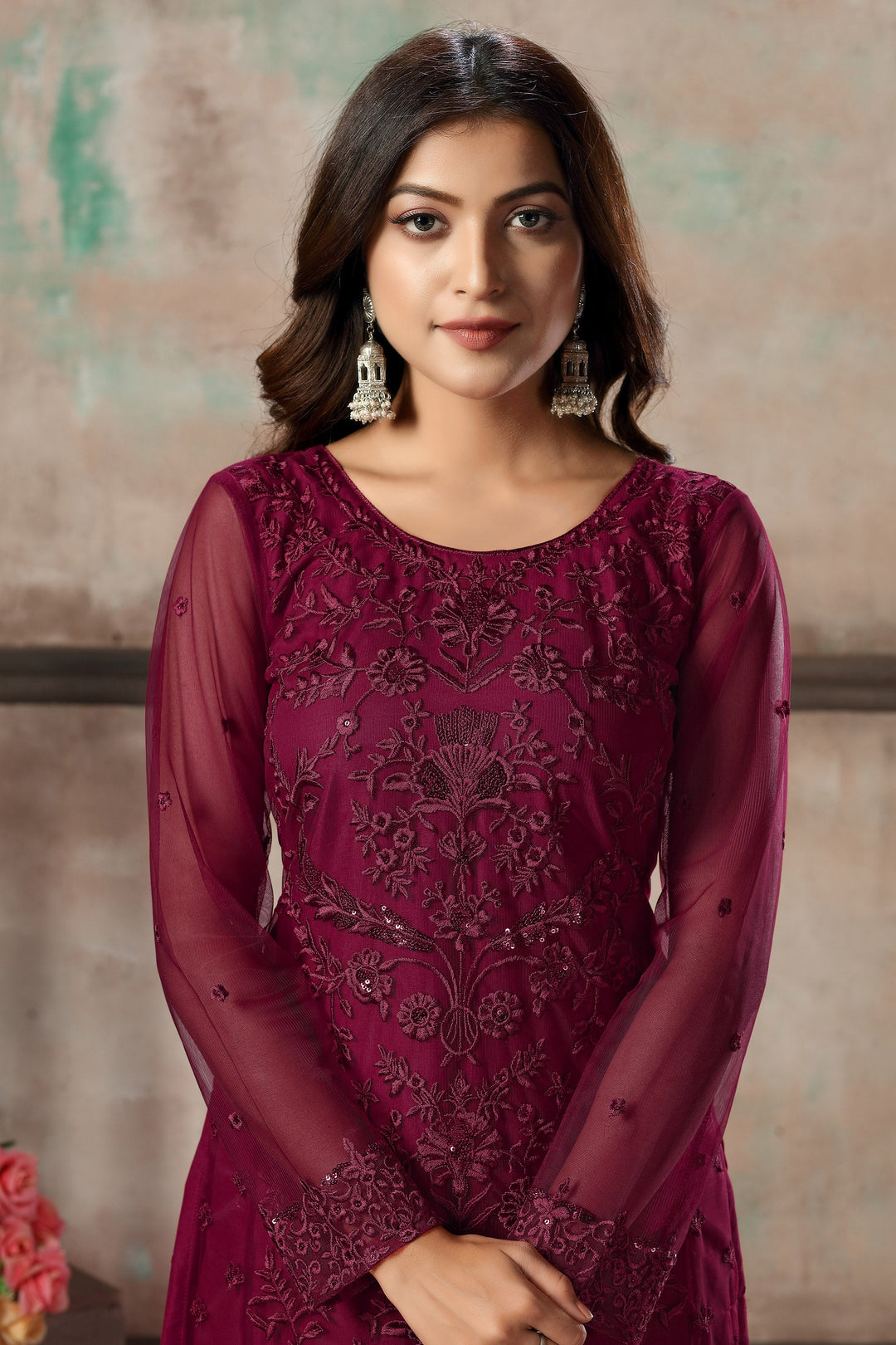 Stylish wine salwar kameez set for women, ideal for evening parties.