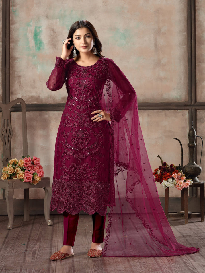 Sophisticated wine salwar kameez set, a perfect choice for formal events.