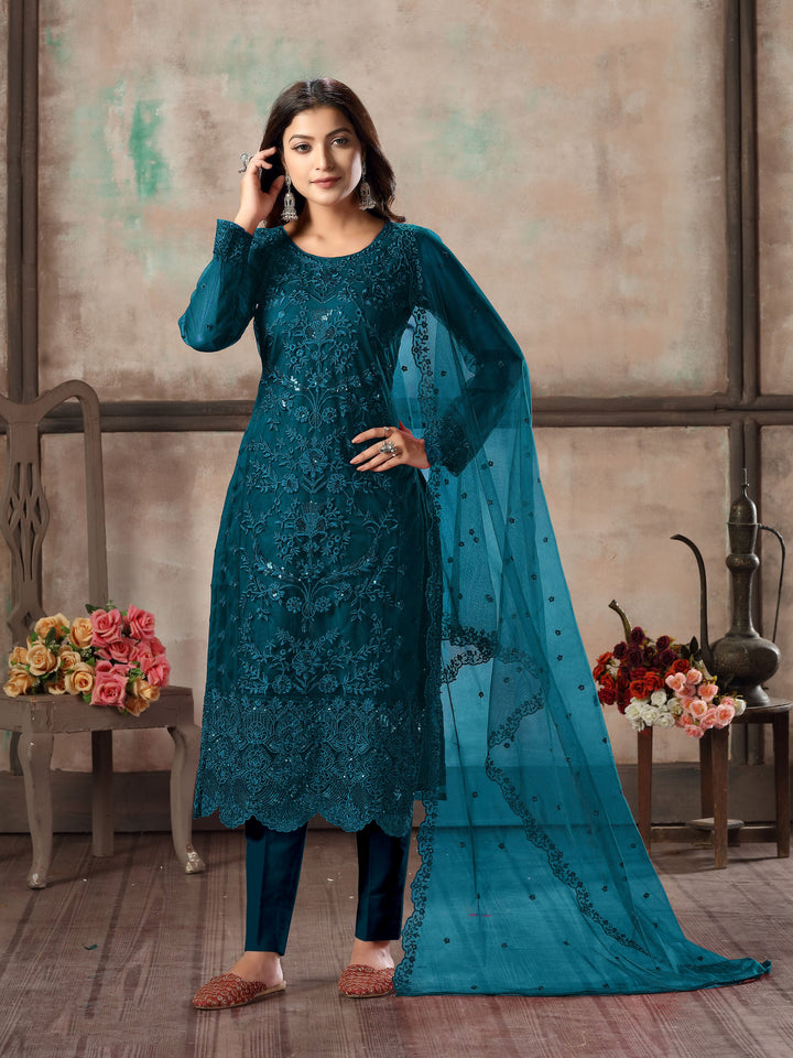 Alluring teal blue salwar kameez set, perfect for special evening events.