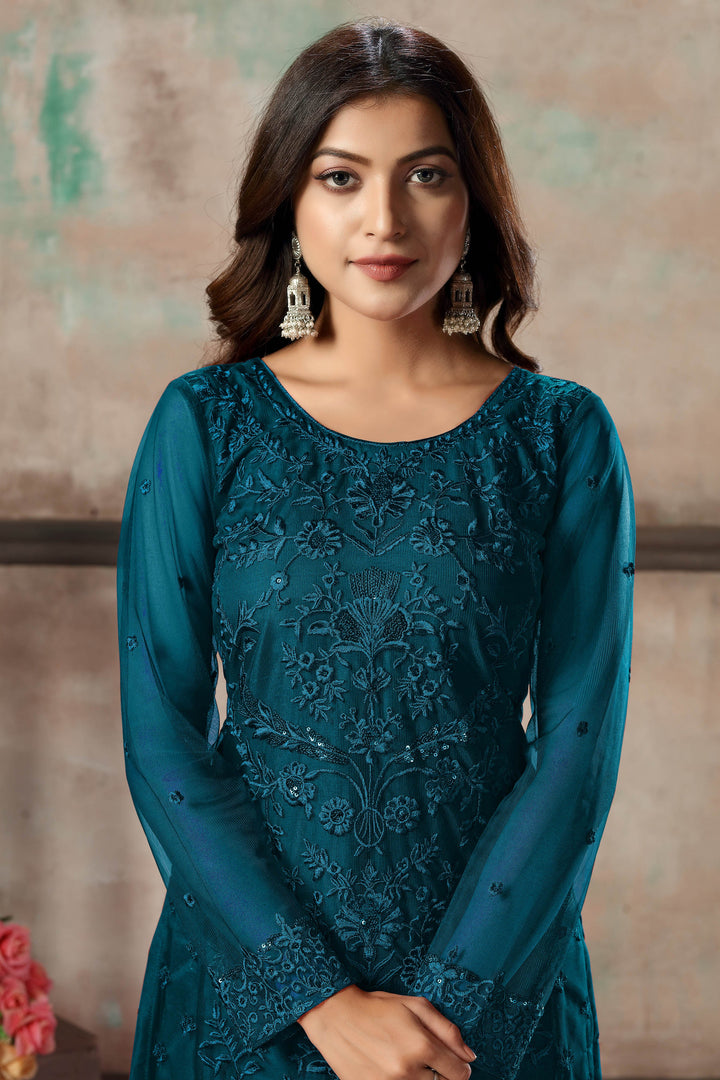 Elegant teal blue salwar kameez set for women's ethnic wear collection.