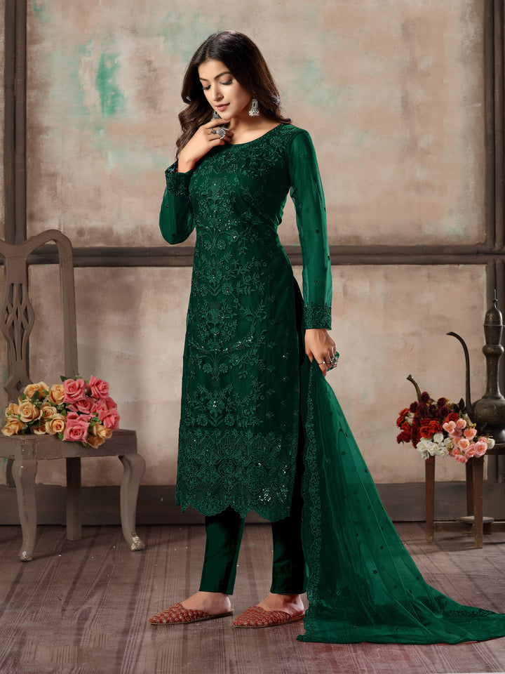 Traditional green salwar kameez set for women, ideal for cultural gatherings.