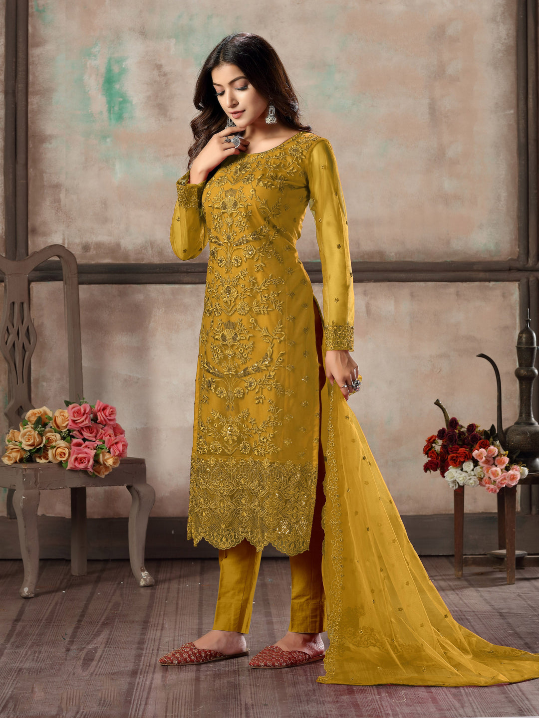 Mustard party wear salwar kameez, designer ethnic attire for women in USA, ideal for special occasions.