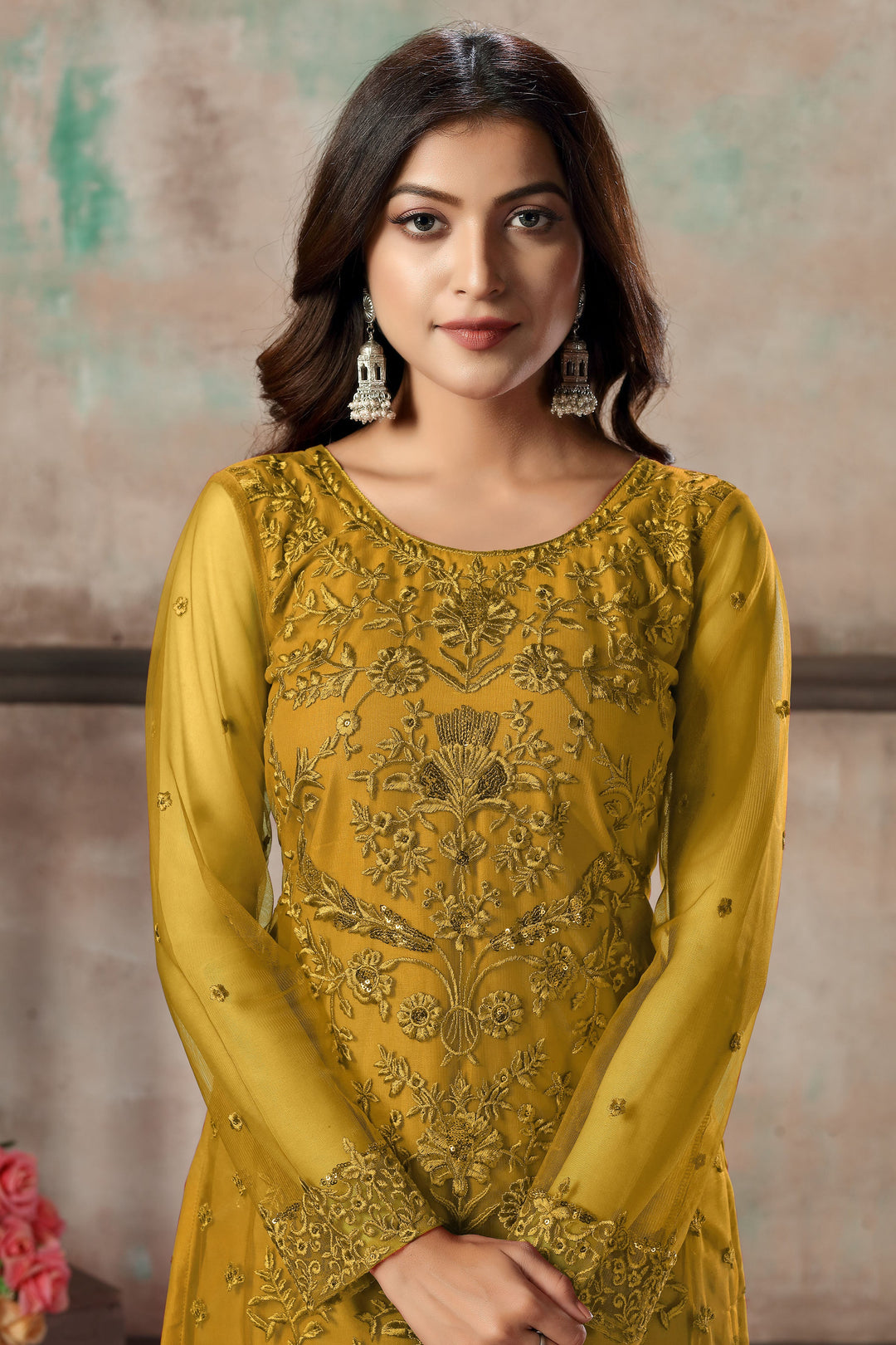 Elegant mustard salwar kameez for women, perfect party wear for USA events with vibrant color appeal.