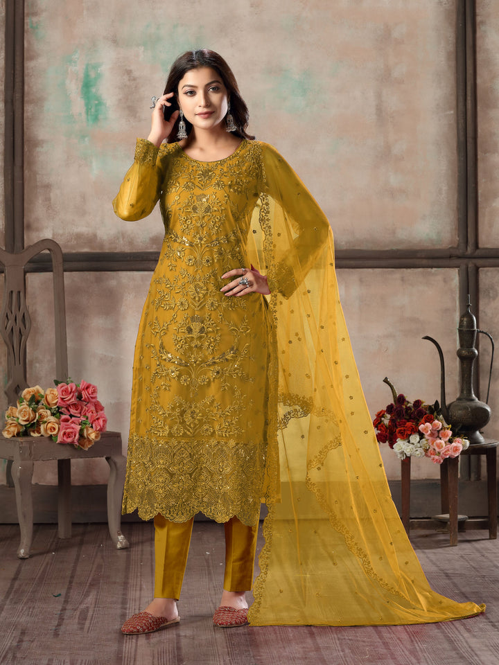 Vibrant mustard salwar kameez set, party wear for women in USA, perfect for weddings and celebrations.