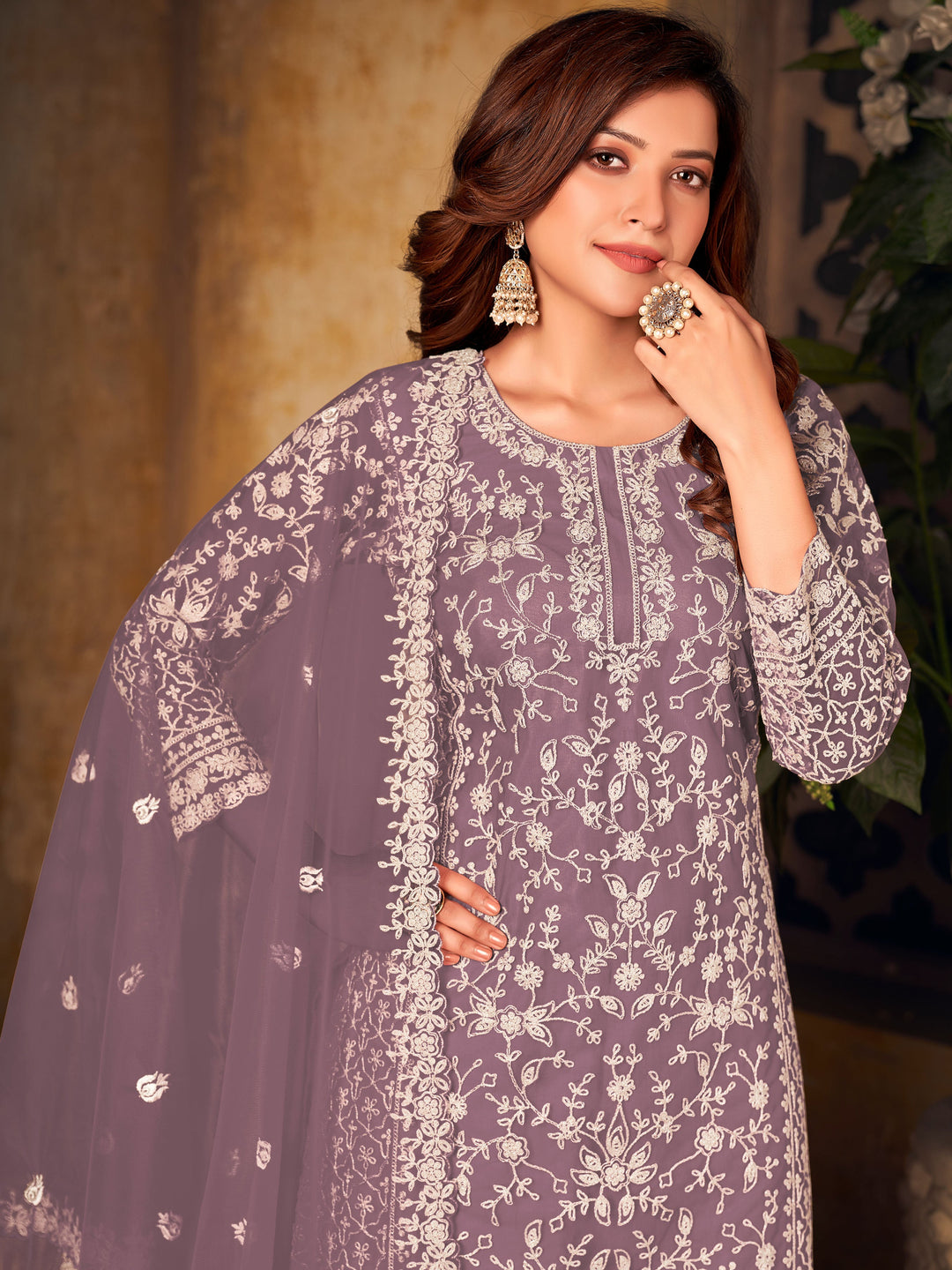 Classic dusty purple salwar kameez, USA ethnic fashion for women's special occasions.