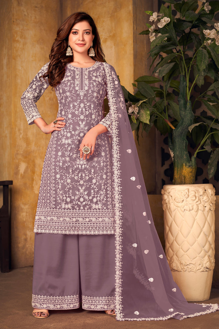 Elegant dusty purple salwar kameez, traditional wear for USA women, classic ethnic style.